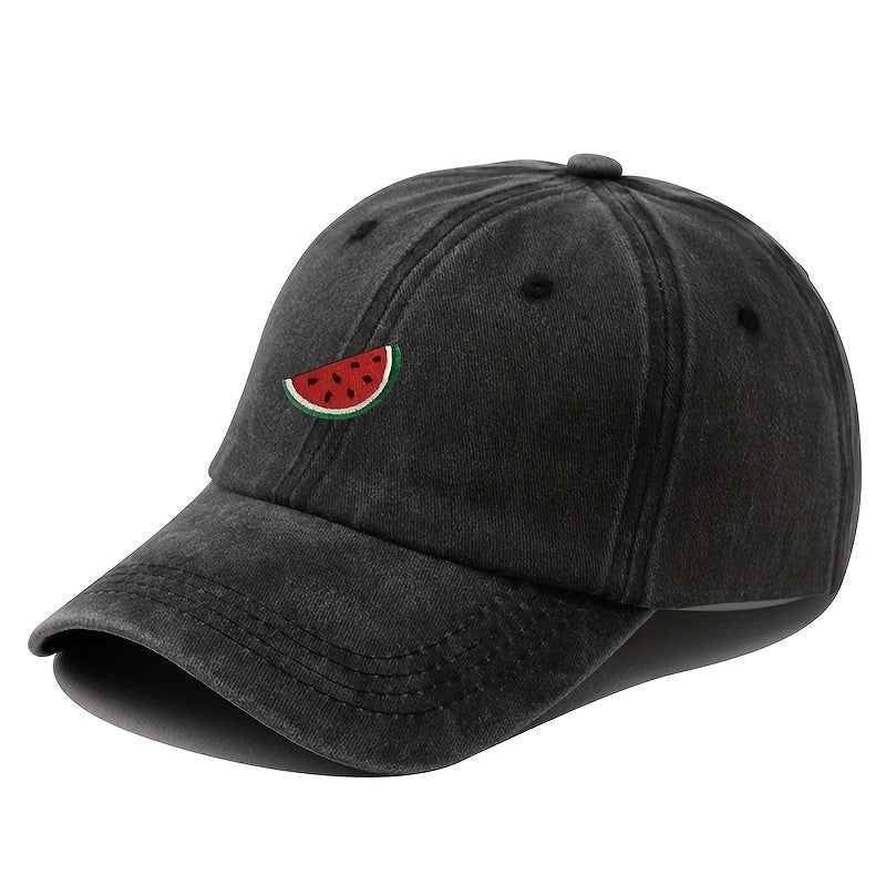 An Embroidered Baseball Cap with Curved Brim, Hip-hop Style, Fruit Embroidery, Vintage Washed, Unisex Outdoor Travel and Hiking Cap, Fishing Hat