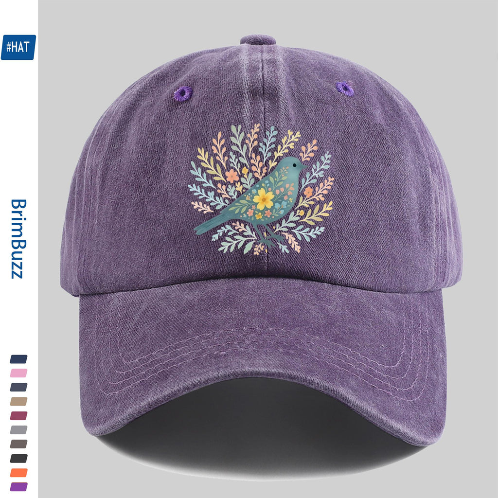 A Baseball Cap Featuring a Print of Birds Surrounded by Flowers And Plants, a Vintage Design Sun Hat, a Comfortable And Lightweight Trucker Hat with Adjustable Straps, an American Street Style Skateboard Cap