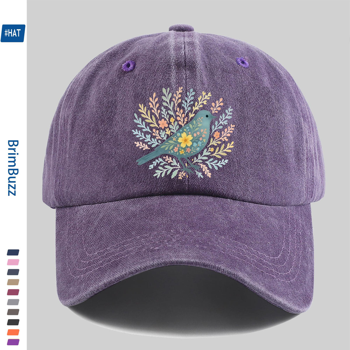 A Baseball Cap Featuring a Print of Birds Surrounded by Flowers And Plants, a Vintage Design Sun Hat, a Comfortable And Lightweight Trucker Hat with Adjustable Straps, an American Street Style Skateboard Cap