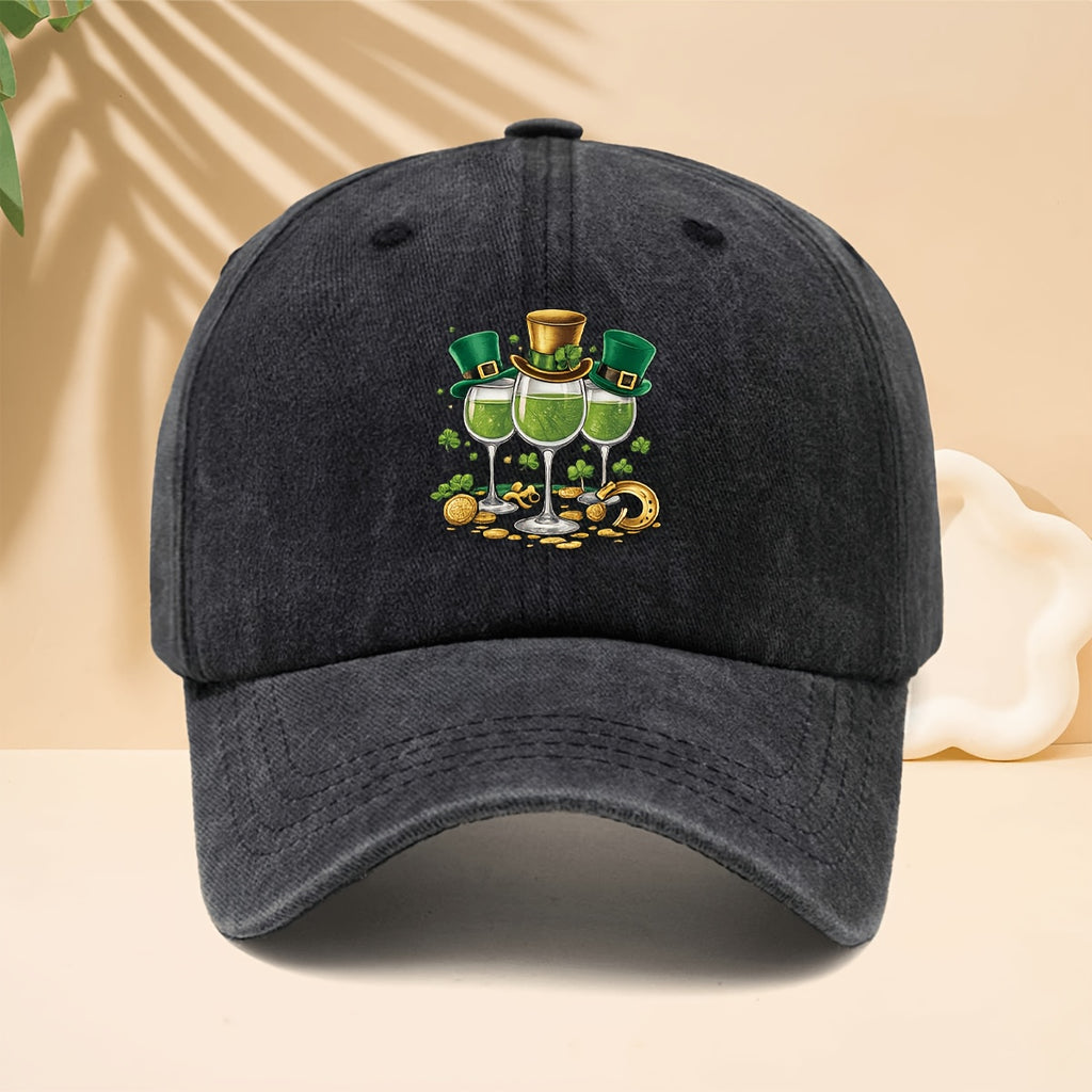 Baseball Cap with a Vintage Carnival Design Featuring a Pattern of 3 Hooded Goblets Containing Green Liquid. Adjustable Curved Brim Snapback Hat Suitable for Walking, Shopping, Traveling, Gatherings, Vacations, and Parties. One-size-fits-all Unisex