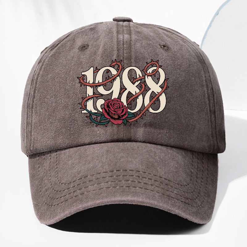 Unisex Thorn Flower 1988 Print Washed Vintage Baseball Cap, Fashionable Sun Outdoor Hat for Men and Women, Adjustable Trucker Hat Suitable for All Seasons and Daily Wear