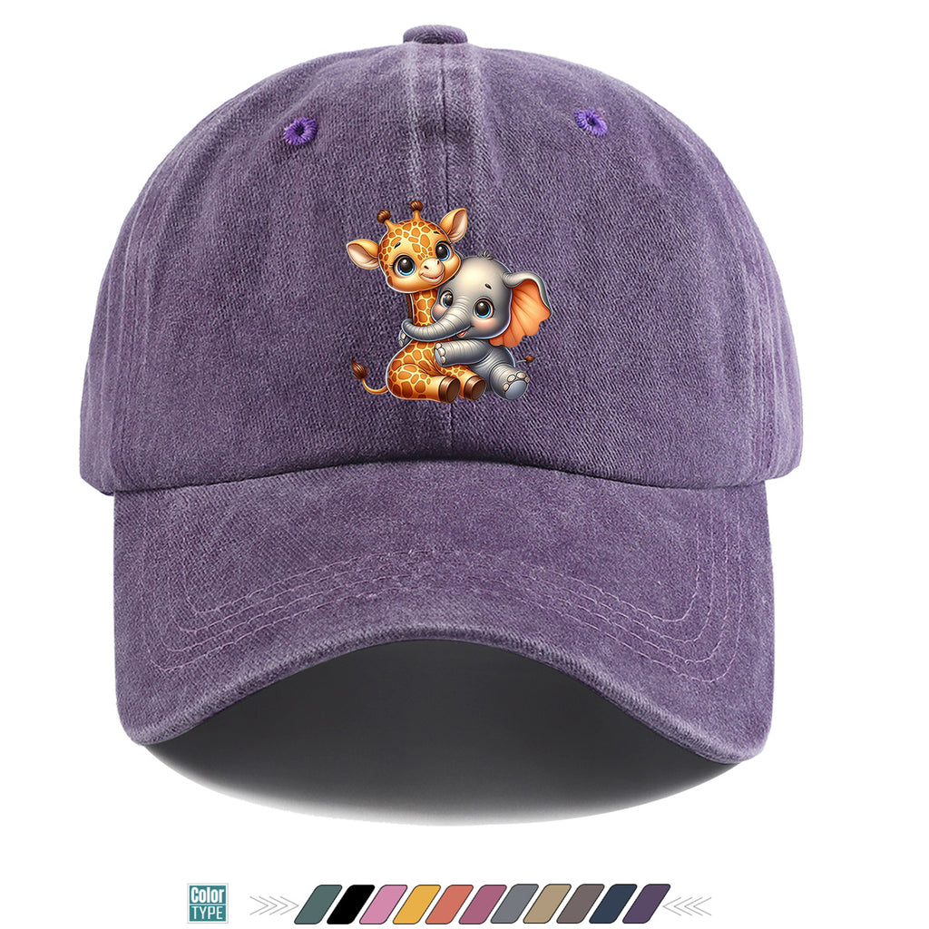 1pc Cartoon Giraffe and Baby Elephant Hugging Print Baseball Cap, Cute Animal Pattern Sun Hat, Stylish Casual Versatile Unisex Adjustable Snapback Cap, Outing Hat, Bestie Shopping Hat, Outdoor Picnic Hat, Amusement Park Hat, Birthday Holiday Gift