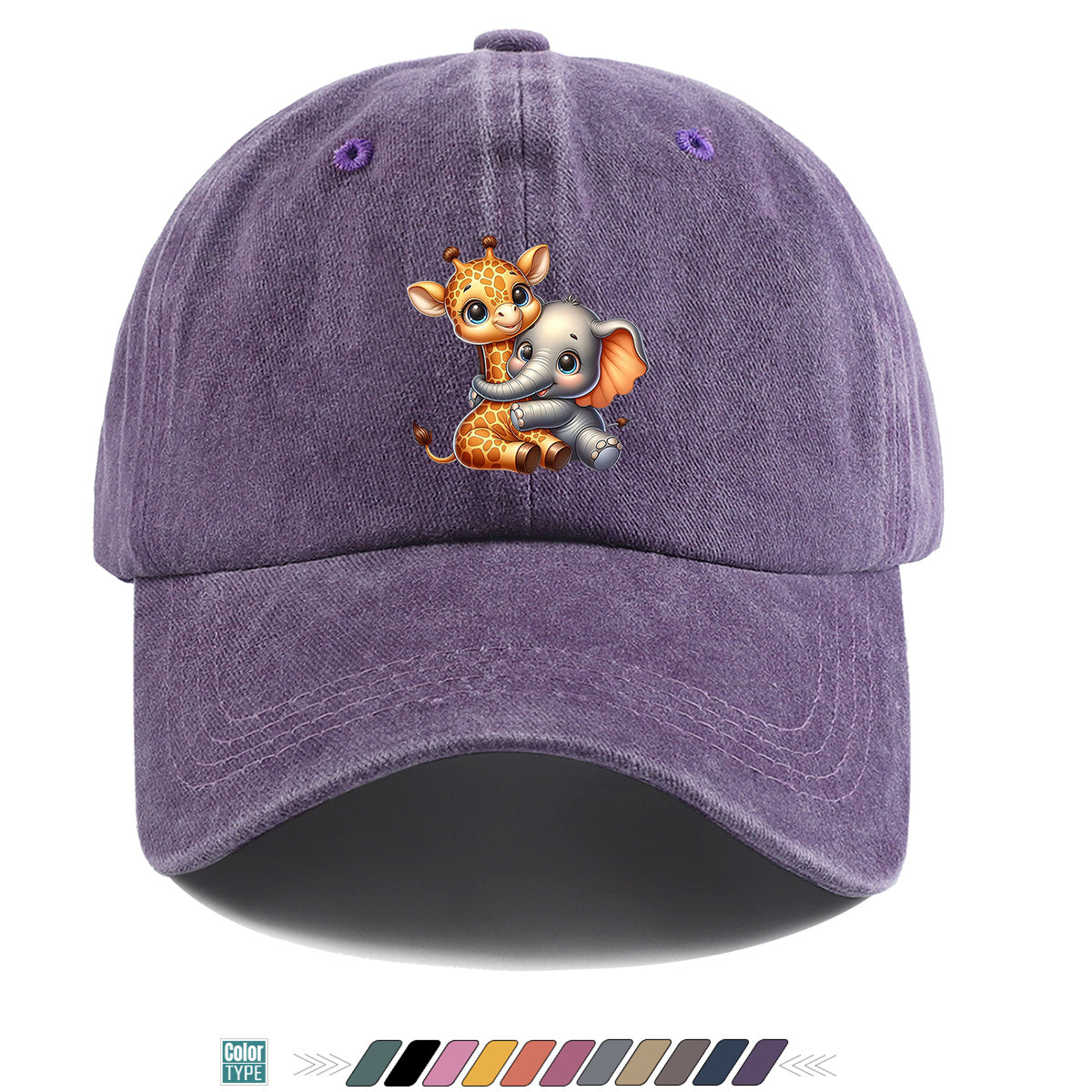 1pc Cartoon Giraffe and Baby Elephant Hugging Print Baseball Cap, Cute Animal Pattern Sun Hat, Stylish Casual Versatile Unisex Adjustable Snapback Cap, Outing Hat, Bestie Shopping Hat, Outdoor Picnic Hat, Amusement Park Hat, Birthday Holiday Gift