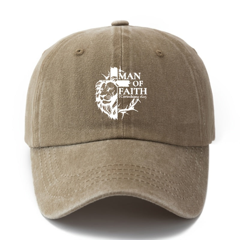 Unisex, Fashionable And Versatile Printed "MAN OF FAITH" Baseball Cap, Classic Retro Washed Outdoor Lightweight Curved Brim Cap, Suitable for Outdoor Vacations, Travel, Camping, And Other Casual Occasions, Hip-Hop Cap for Holiday Parties