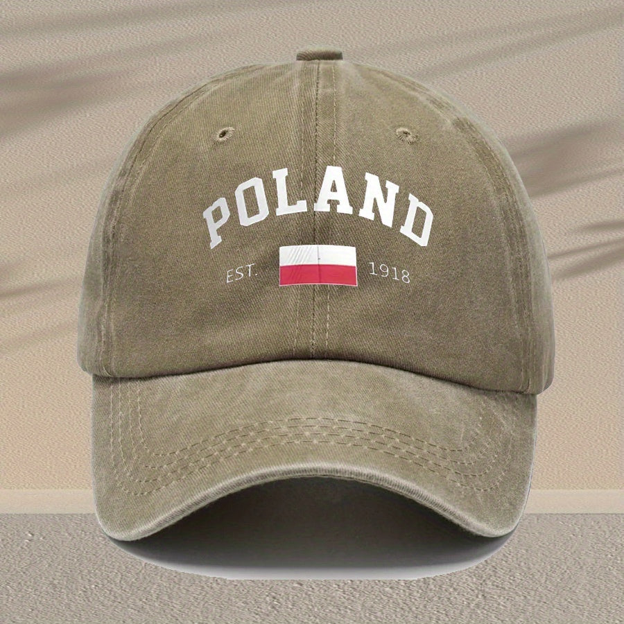 Unisex Vintage Washed Baseball Cap - Adjustable Breathable Trucker Hat with "Poland" Lettering Distressed Style, Lightweight Casual Dad Hat for Outdoor Activities, Black, Non-Stretch Fabric