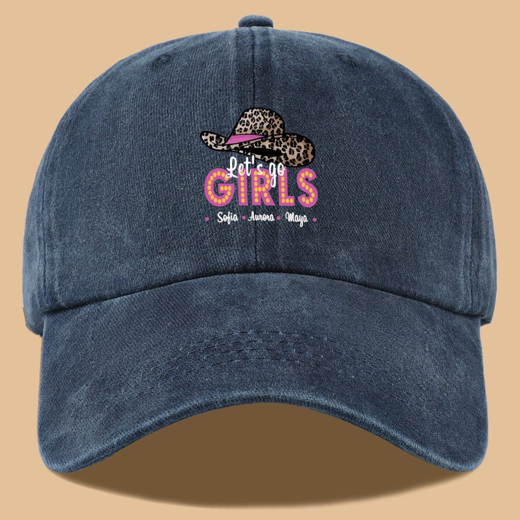 1pc Leopard Print Wide Brim Baseball Cap, Pink Brim with "Let'S Go GIRLS" Neon Style Letters, Adorned with Sofia, Aurora, Maya Names. Fashionable And Individual Sun Hat, Adjustable Size. Bestie Outing Hat, Sister Gathering Hat