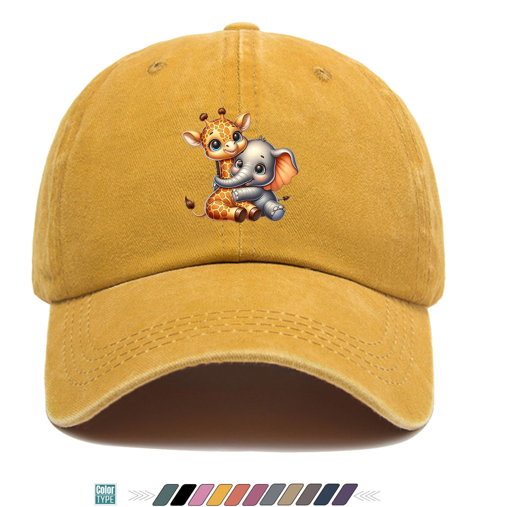 1pc Cartoon Giraffe and Baby Elephant Hugging Print Baseball Cap, Cute Animal Pattern Sun Hat, Stylish Casual Versatile Unisex Adjustable Snapback Cap, Outing Hat, Bestie Shopping Hat, Outdoor Picnic Hat, Amusement Park Hat, Birthday Holiday Gift