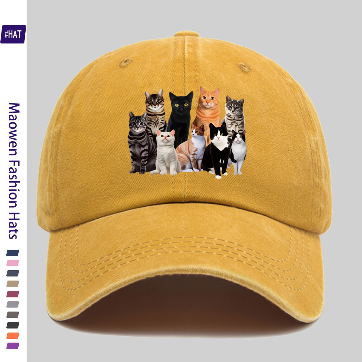 1 Vintage-style Adjustable Sports Cap, Featuring Various Cat Pattern Prints, a Washed-out Look, Suitable for Outdoor Leisure, a Fashionable Printed Breathable Baseball Cap, a Must-have Fashion Item, Ideal for Outdoor Sports and Travel Camping
