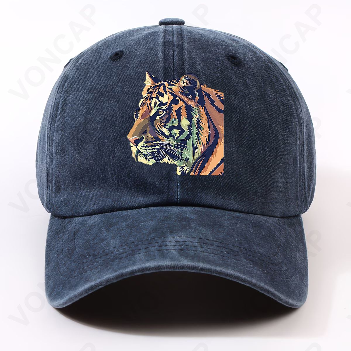 Unisex Adjustable Tiger Print Cap - Lightweight Washed Cap with Hook-and-Loop Closure, Front Chest Tiger, Machine Washable Suitable for Sports, Campus, Commute, Parties - Casual Tiger-Themed Hat