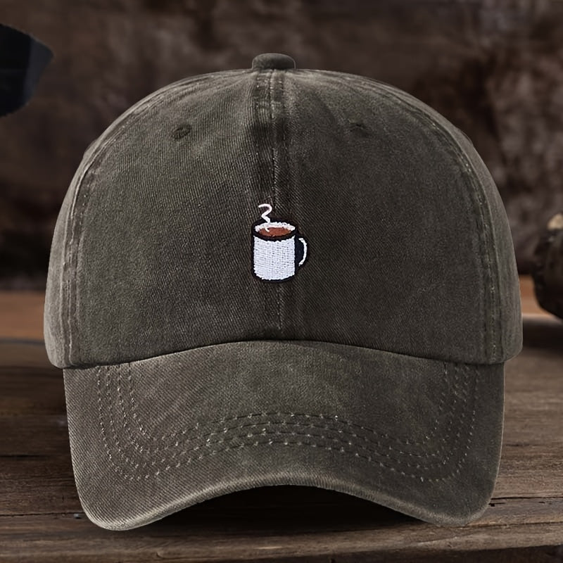 A Straightforward Men'S Baseball Cap Designed for Coffee Enthusiasts, Featuring a Cup Motif. The Fabric Is Machine Washable, Making It Ideal for Everyday Wear