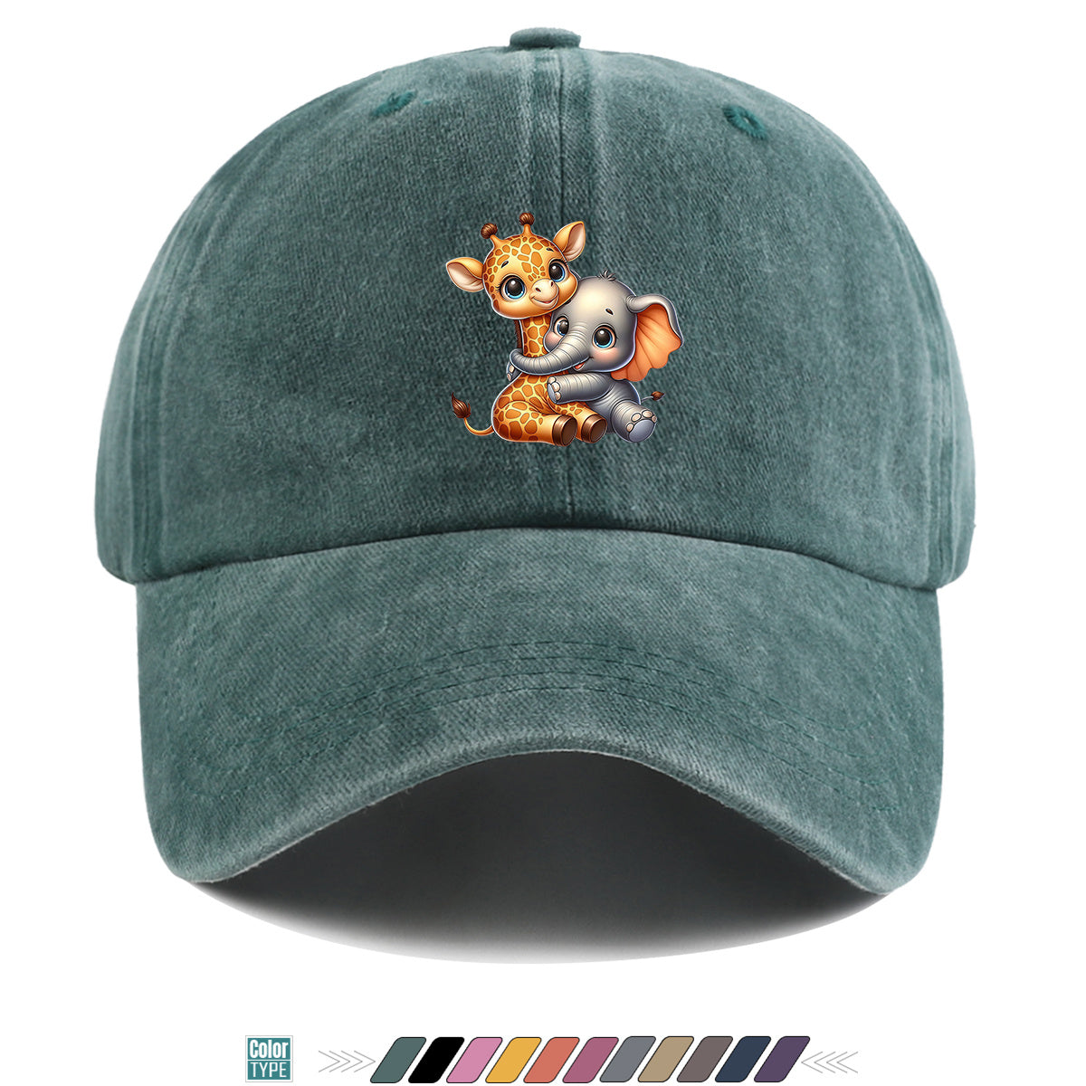1pc Cartoon Giraffe and Baby Elephant Hugging Print Baseball Cap, Cute Animal Pattern Sun Hat, Stylish Casual Versatile Unisex Adjustable Snapback Cap, Outing Hat, Bestie Shopping Hat, Outdoor Picnic Hat, Amusement Park Hat, Birthday Holiday Gift