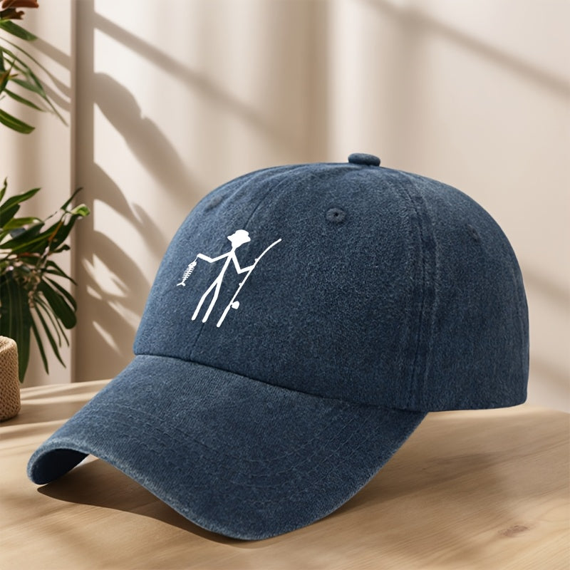 Vintage Baseball Cap | Creative Fishing Design, Soft & Comfortable, Breathable & Sweat-Absorbent Polyester, Adjustable Fit for Outdoor Sports, Fishing, Camping - Black with White Graphic Print, Fishing Hat