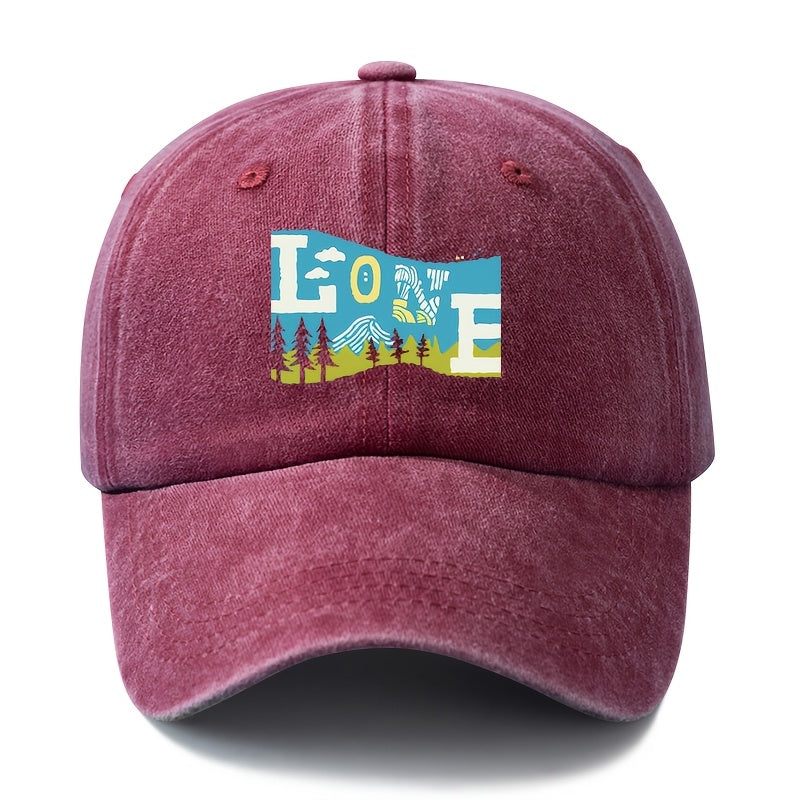 Unisex Fashion Versatile Printed LOVE Outdoor Baseball Cap, Classic Retro Washed Outdoor Lightweight Curved Brim Hat, Trucker Cap, Suitable for Outdoor Vacation Travel Camping And Other Casual Occasions, Holiday Party Hip-Hop Hat