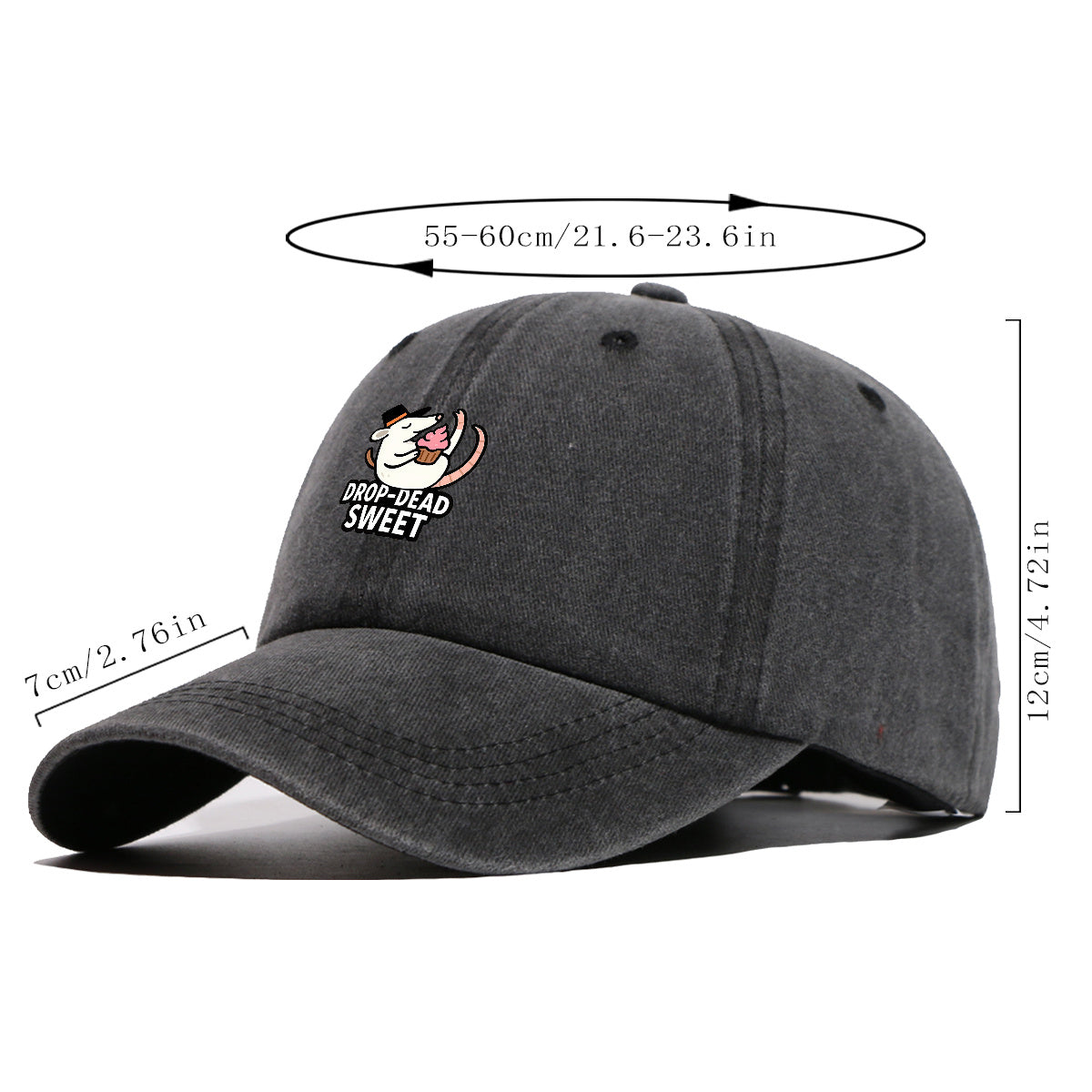 1pc 1pcs "DROP-DEAD SWEET" Mouse Top Hat & Cupcake Print Cap - Adjustable Unisex Baseball Hat Suitable for Parties, Travel, Daily Wear - Cute, Themed Outfits, Street Style for Men & Women (Powder Cream Cupcake)