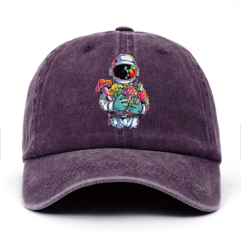 Vintage-style Astronaut Holding Various Mushroom Prints, Washed Baseball Cap, Fun Adjustable Hat