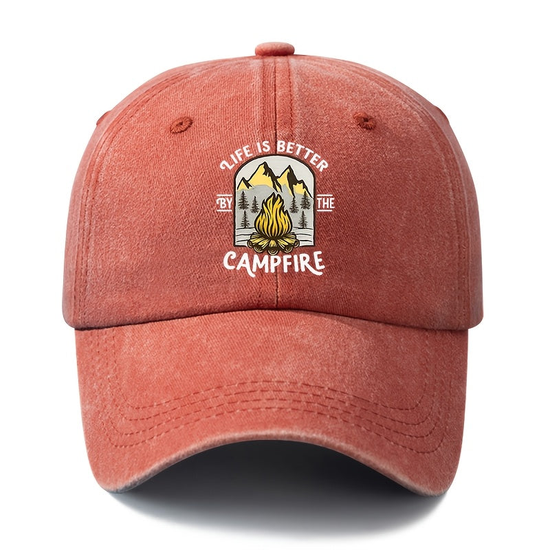 A Unisex, Fashionable and Versatile Printed Campfire Camping Baseball Cap, a Classic Retro Washed Outdoor Lightweight Curved Brim Cap, a Trucker Baseball Cap, Suitable for Outdoor Vacations, Travel, Camping and Other Casual Occasions, a Hip-hop Cap F