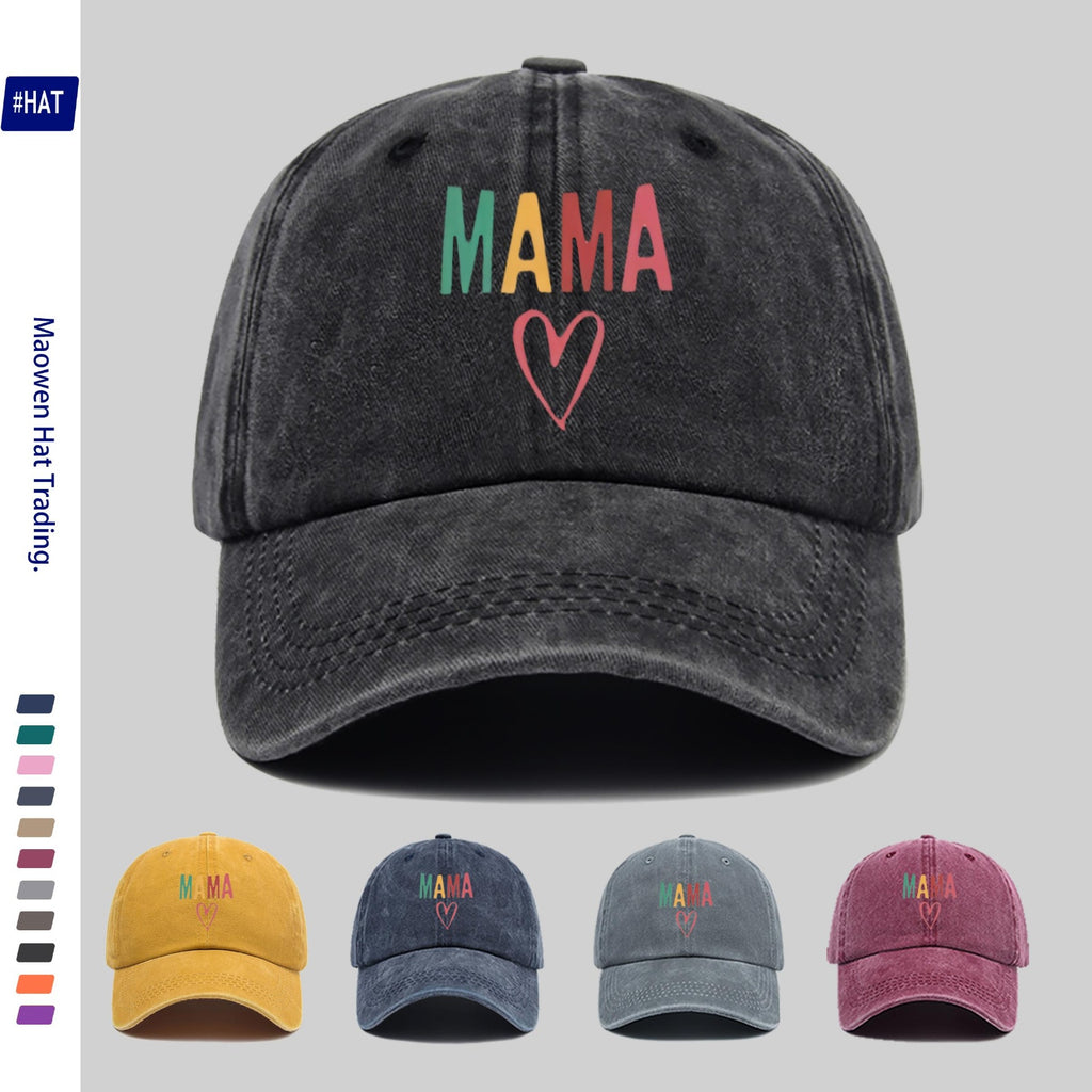 1 Vintage Washed Distressed Baseball Cap, Featuring a Fashionable and Minimalist Aesthetic, Unisex Cap with Multi-color MAMA Heart-shaped Print Design, Adjustable Size, Trendy Street Style, Trucker Dad Hat, Suitable for Outdoor Fishing, Hunting, And