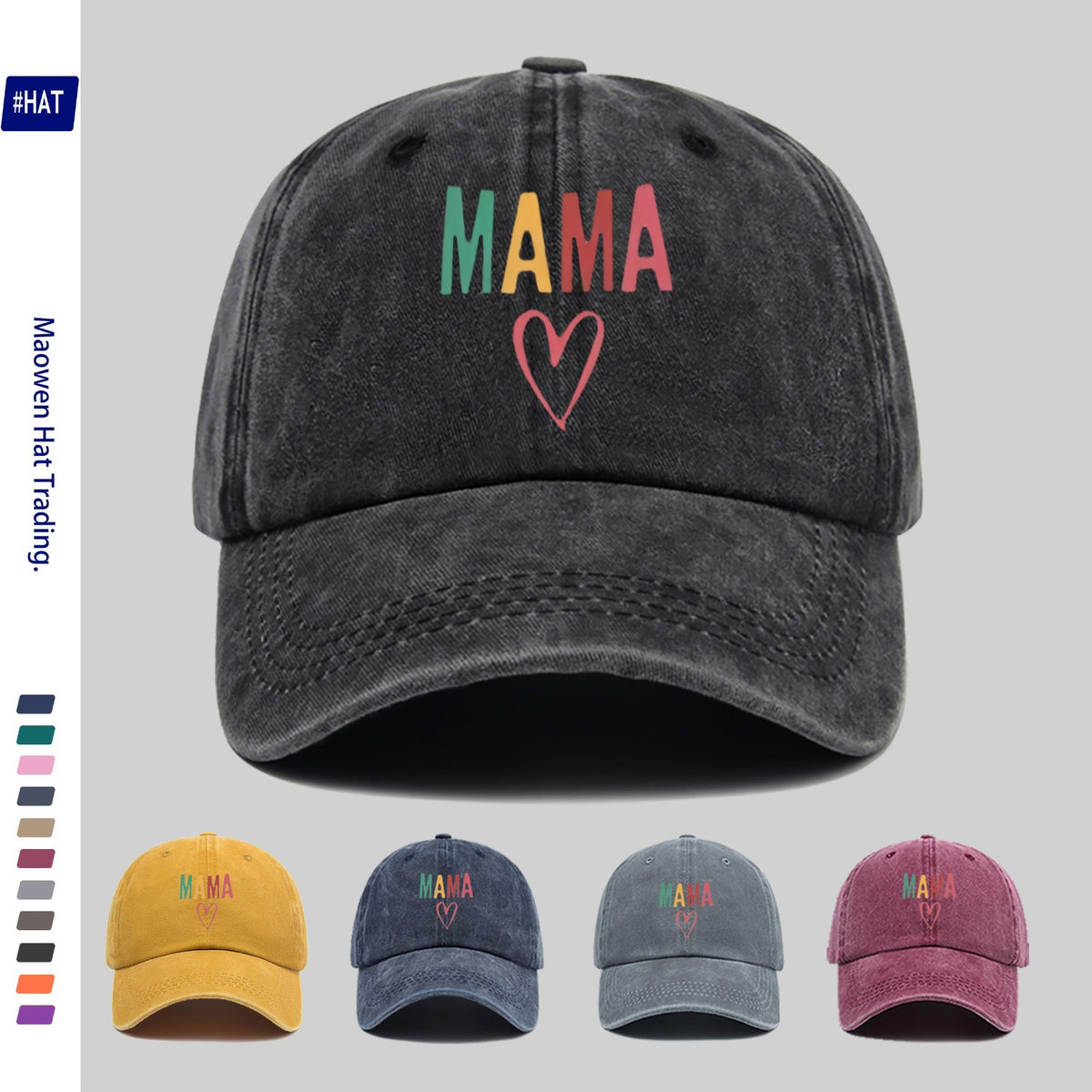 1 Vintage Washed Distressed Baseball Cap, Featuring a Fashionable and Minimalist Aesthetic, Unisex Cap with Multi-color MAMA Heart-shaped Print Design, Adjustable Size, Trendy Street Style, Trucker Dad Hat, Suitable for Outdoor Fishing, Hunting, And