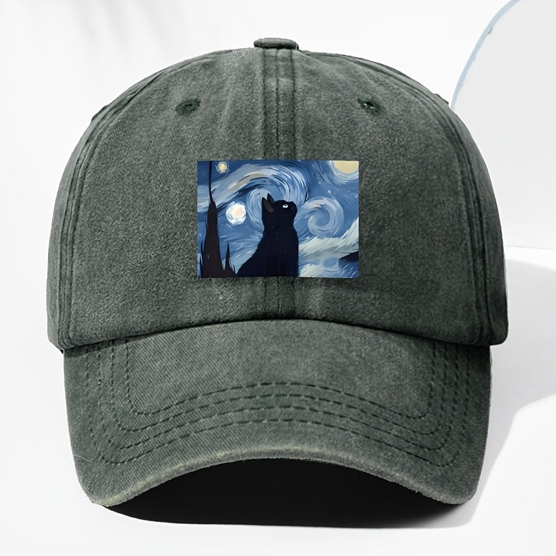 Unisex Cat Animal Print Washed Vintage Baseball Cap, Fashionable Sun Outdoor Hat for Men and Women, Adjustable Fit Trucker Hat Suitable for All Seasons and Daily Wear