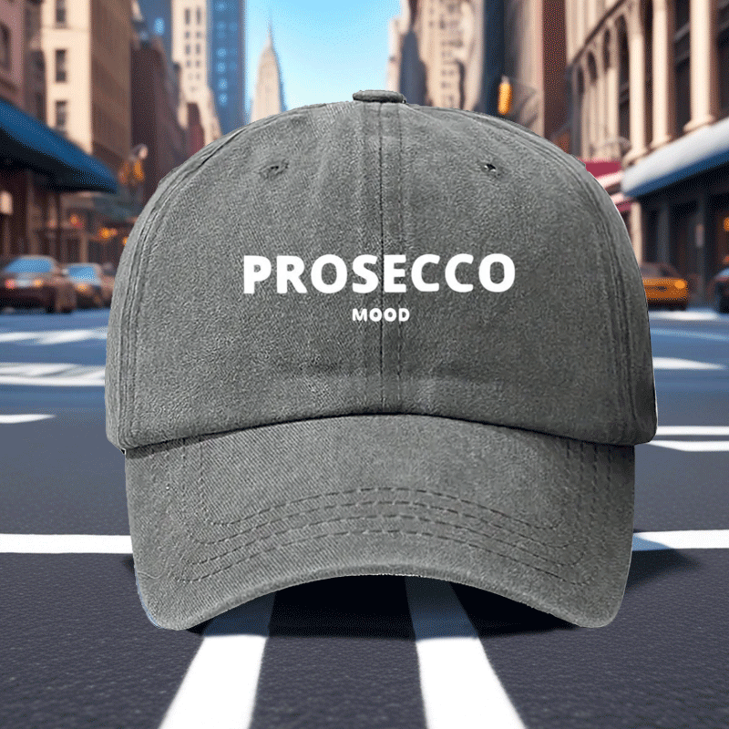Adjustable Vintage Washed Baseball Cap with Prosecco Mood Print | Breathable Dad Hat for Men & Women, Casual Vacation Headwear, Comfortable Fit Cap | Polyester, Woven, Hand Wash Care