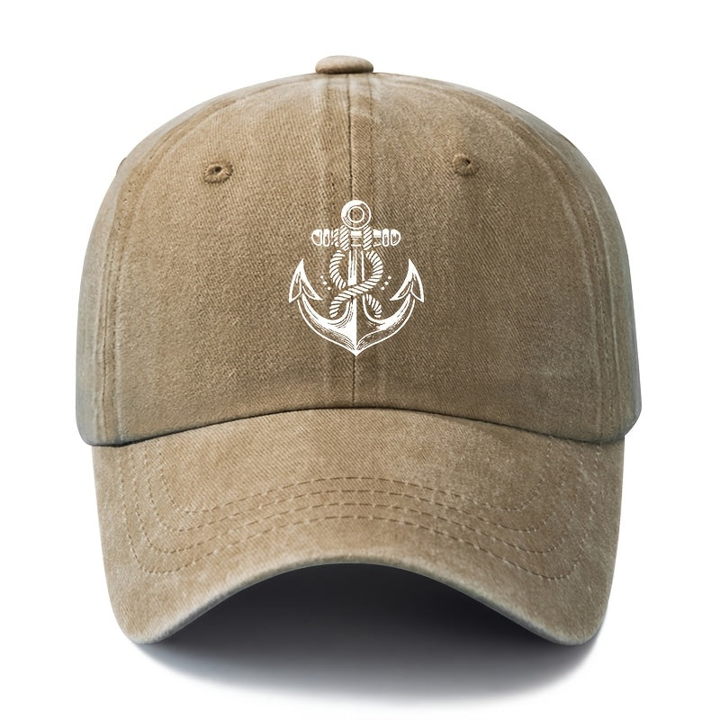 Unisex, Fashionable And Versatile Printed White Anchor Baseball Cap, Classic Retro Washed Outdoor Lightweight Curved Brim Cap, Trucker Baseball Cap, Suitable for Outdoor Vacations, Travel, Camping, And Other Casual Occasions, Hip-Hop Style Cap