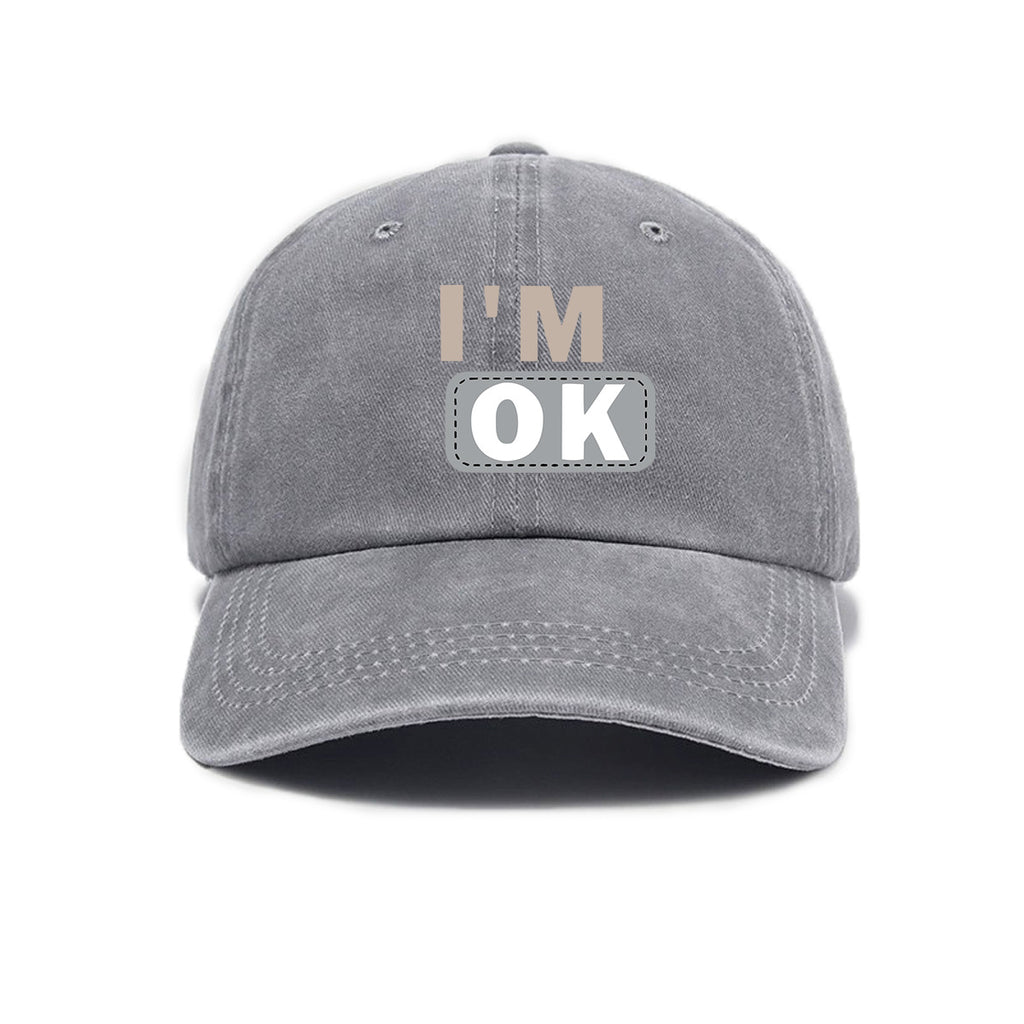 1 Washed Distressed Printed Baseball Cap for Adults, Simple "I'M OK" Letter Print, Washed Distressed Soft Top Sun Baseball Cap, Unisex Baseball Cap