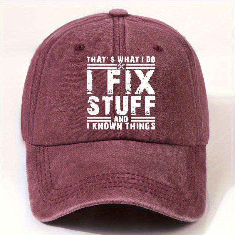 EOXF Vintage Washed Baseball Cap- Black with the Text "I Fix Stuff, " Adjustable Strap, Breathable Six-panel Design, Suitable for Mechanics, DIY Enthusiasts, and Everyday Casual Wear- Unisex Headwear, Vintage Style, Adjustable Size