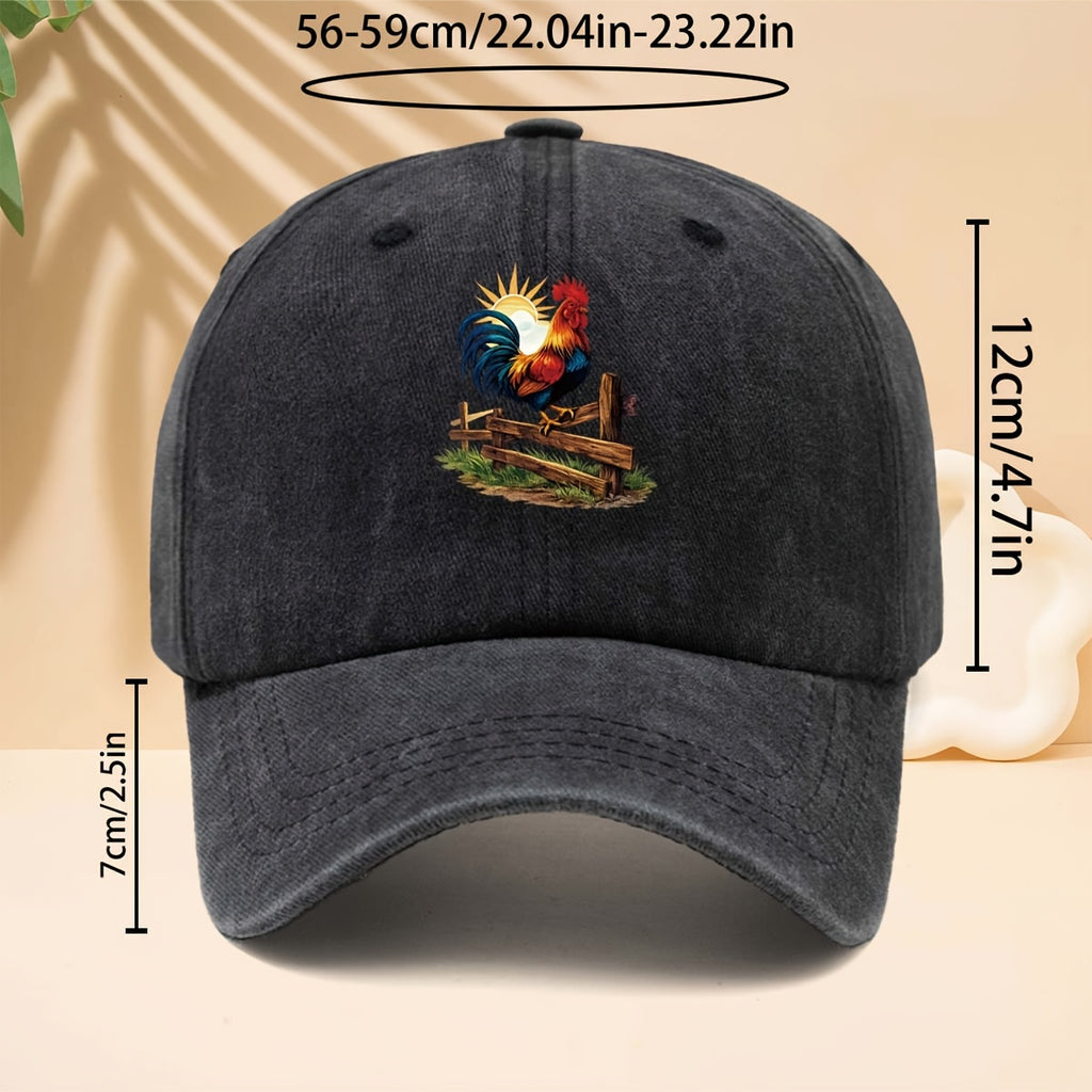Baseball Cap with Farm Sunrise Rooster Pattern, American Retro Farm Forest Healing Casual Style Dad Hat for Walking, Shopping, Travel, Gatherings, Vacations, Parties, Adjustable Brim, Unisex Casual Hat, All-Season, Hip-Hop Style, Soft Top Design