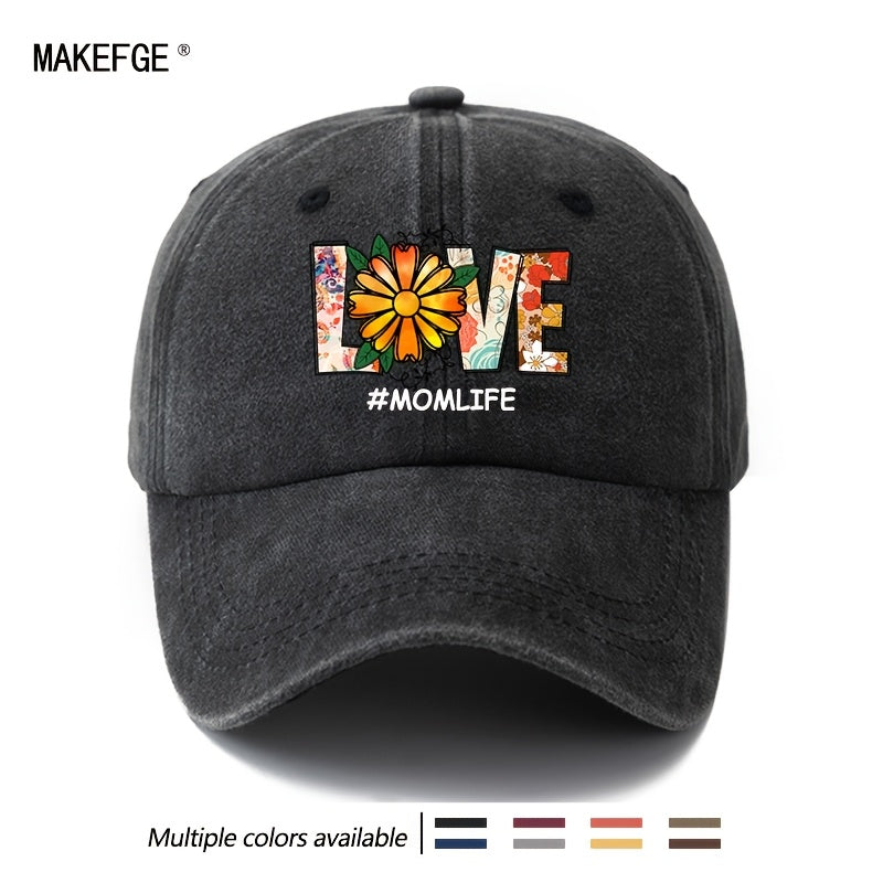 Unisex Fashion Versatile Floral Daisy LOVE Printed Baseball Cap, Classic Vintage Washed Outdoor Lightweight Curved Cap, Trucker Hat, Suitable for Outdoor Vacation Travel Camping And Casual Occasions, Holiday Party Hip-Hop Hat