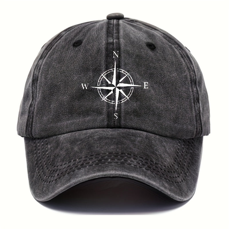 Vintage Washed Cotton Baseball Cap With Compass Print, Unisex Old Daddy Hat With Sun Protection, Adjustable Holiday Themed Casual Hat