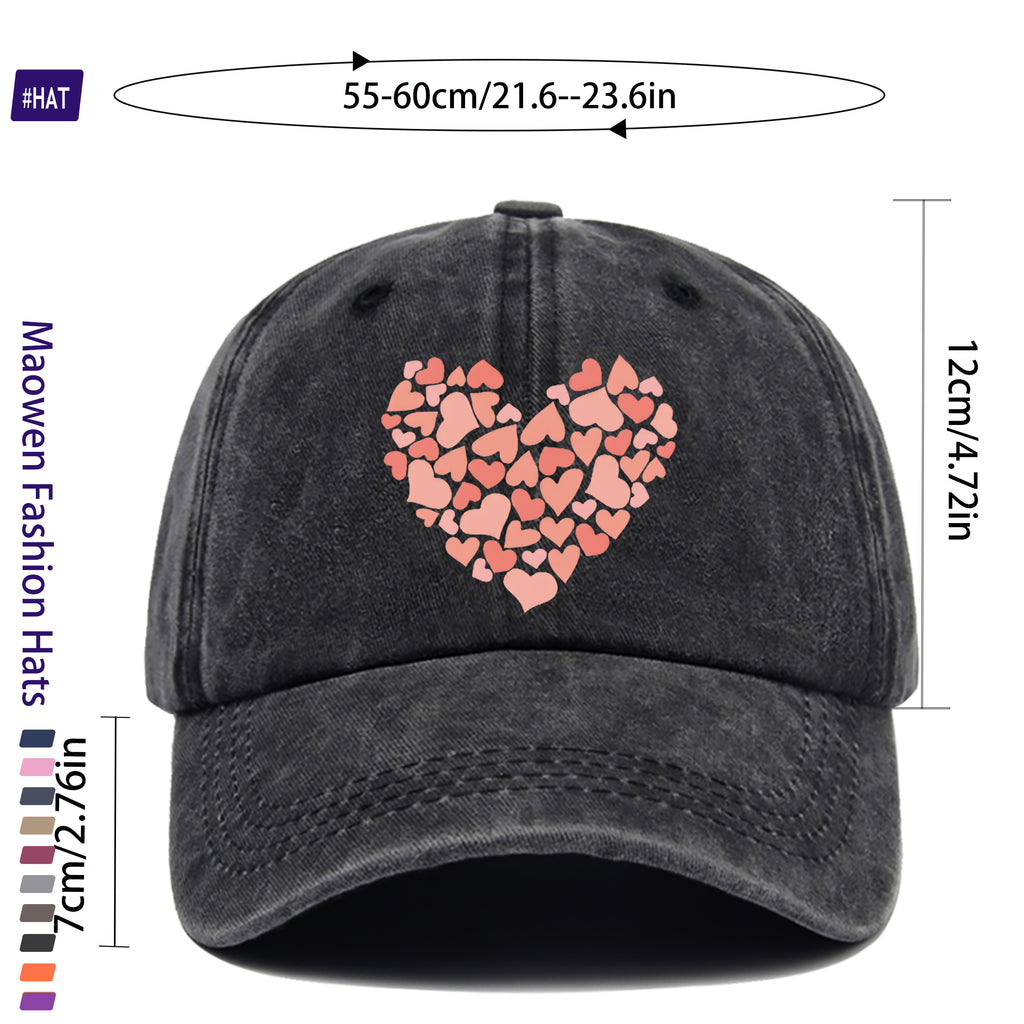 Summer Unisex Adjustable Baseball Cap, Washed Distressed Design, Large Heart Print with Small Heart Details, Washed Vintage Cap, Street Skateboard Cap, Retro Dad Hat, Durable, Comfortable, Breathable Trucker Cap