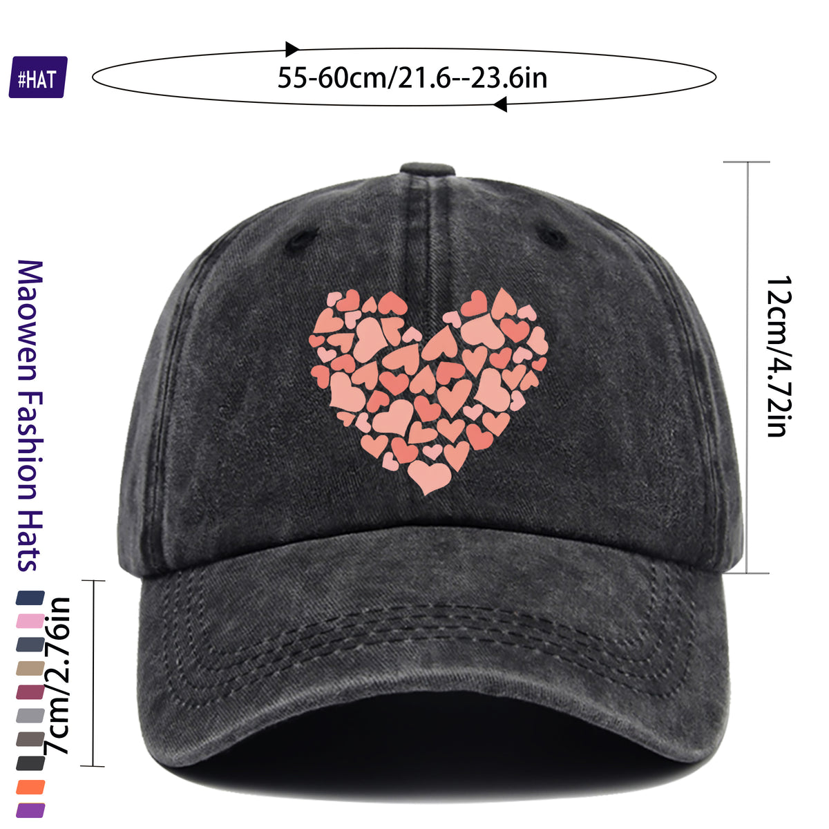 Summer Unisex Adjustable Baseball Cap, Washed Distressed Design, Large Heart Print with Small Heart Details, Washed Vintage Cap, Street Skateboard Cap, Retro Dad Hat, Durable, Comfortable, Breathable Trucker Cap