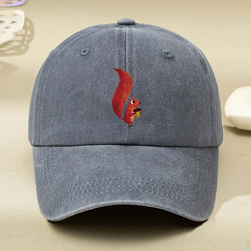 Little Squirrel Cartoon Print Women'S Baseball Cap, Spring/Summer Versatile Vintage Soft Top Duckbill Cap, Dad Hat, Distressed Washed Cap, Outdoor Personalized Soft Top Hat, Unisex Hat, Distressed Washed Hat, Men'S Hat, Women'S Hat