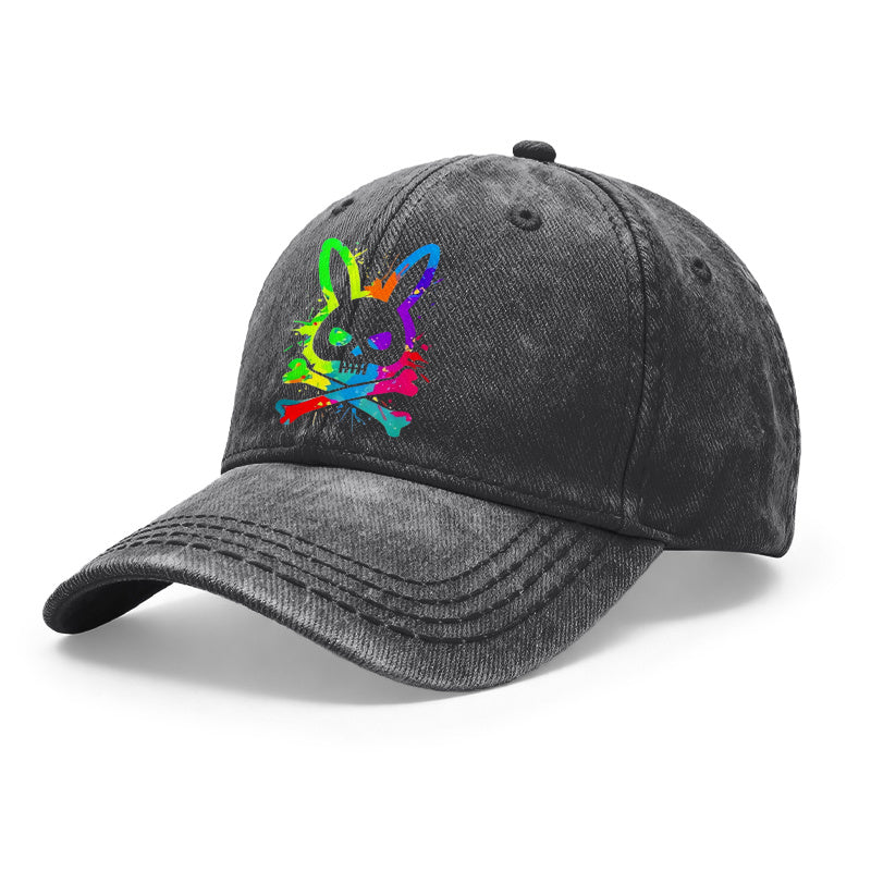 1pc of Vintage Washed Unisex Baseball Caps Featuring a Colorful Splatter Design with a Skull Rabbit Motif. These Adjustable Caps Are Perfect for Outdoor Activities And Casual Outings, Making Them Great Gifts for Both Men And Women