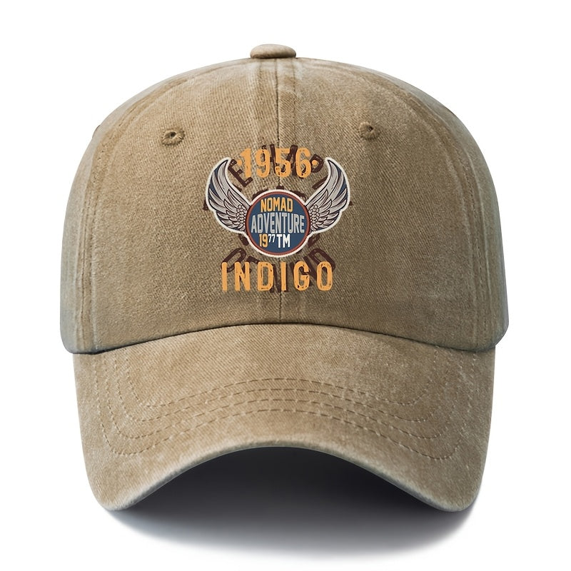 A Unisex Fashionable and Versatile 1956 INDIGO Printed Baseball Cap, Featuring a Classic Vintage Washed Outdoor Lightweight Curved Brim. This Trucker Baseball Cap Is Suitable for Casual Occasions Such as Outdoor Vacations, Travel, and Camping