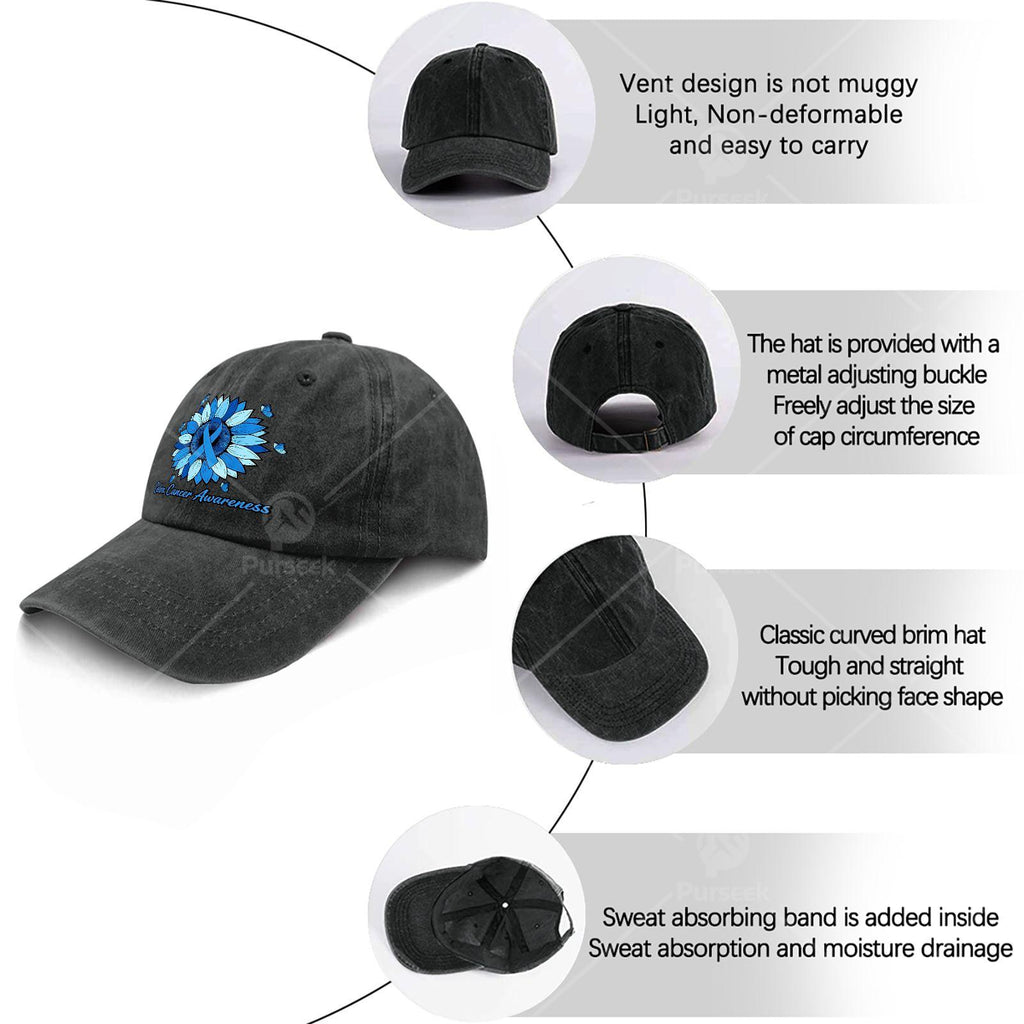 Cool Unisex Baseball Cap with a Blue Ribbon and Sunflower, Used for Colon Cancer Month Promotion