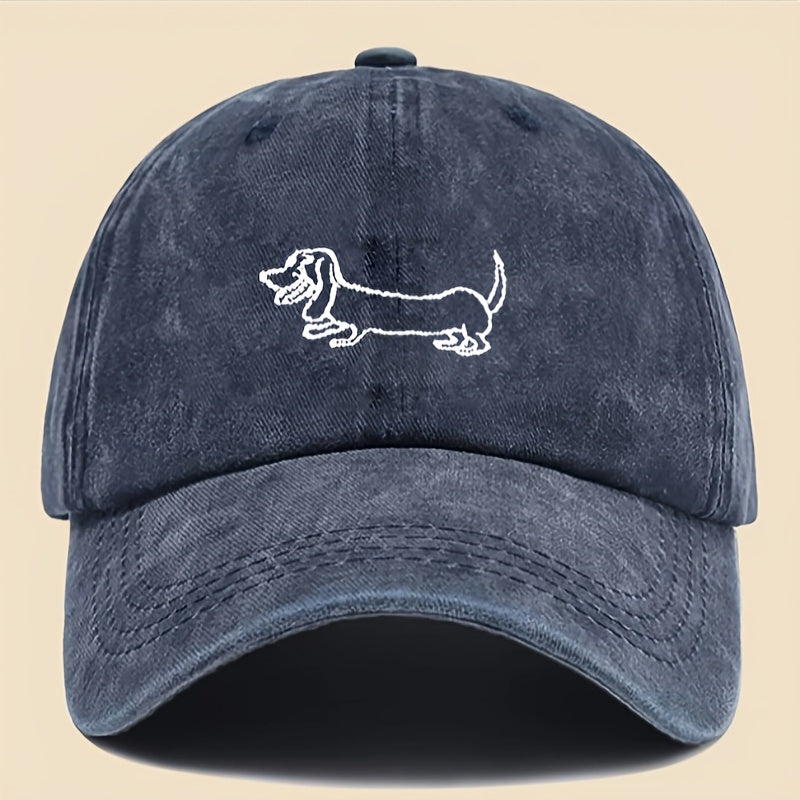 Vintage Washed Baseball Cap with Adorable Dachshund Embroidery - Black Textile, Breathable & Durable Unisex Casual Outdoor Hat for Men and Women, Hand Washable, Casual Headwear | Embroidered Cap | Breathable Fabric