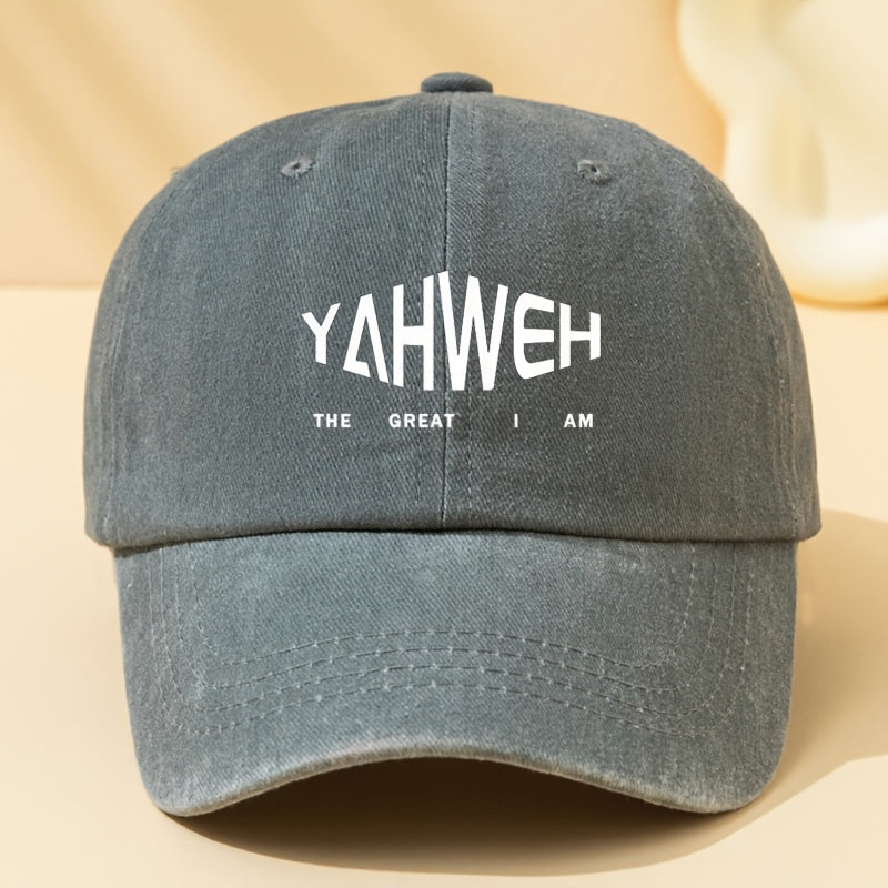 YAHWEH Printed Baseball Cap Unisex- Adjustable Snap, Lightweight and Breathable, Eye-catching White Letters and Jehovah Design, Neutral Outdoor Sports Street Style Hat, Four Seasons Casual Faith Statement Cap
