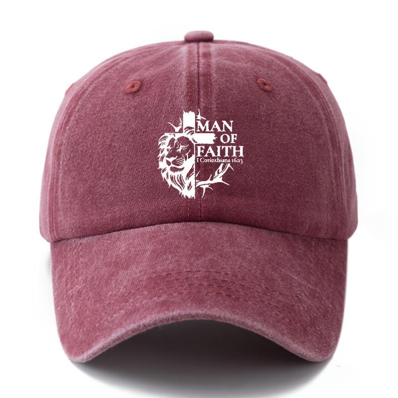 Unisex, Fashionable And Versatile Printed "MAN OF FAITH" Baseball Cap, Classic Retro Washed Outdoor Lightweight Curved Brim Cap, Suitable for Outdoor Vacations, Travel, Camping, And Other Casual Occasions, Hip-Hop Cap for Holiday Parties