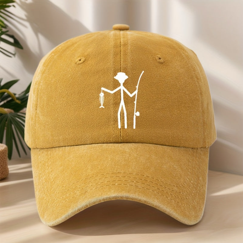 Creative Design Fishing Print Baseball Cap Classic Washed Vintage Duckbill Hat Soft Comfortable Sweat-Absorbing Breathable Hat Outdoor Leisure Sports Fishing Camping Adjustable Sun Hat