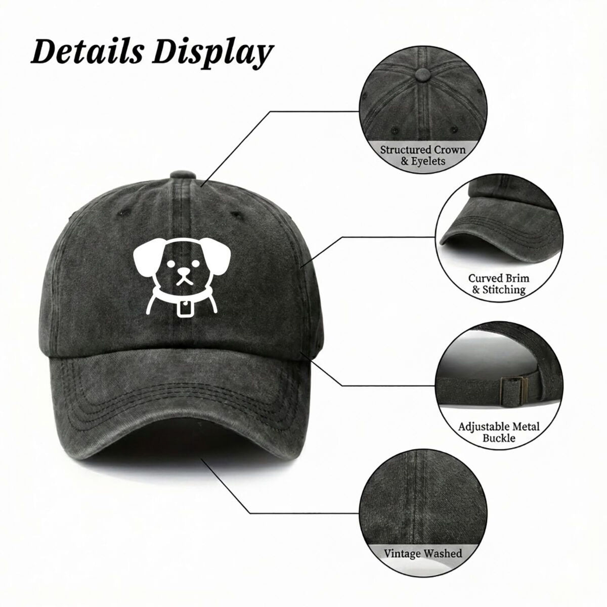 Funny Dog Dog Collar with American Retro Washed Distressed Printed Baseball Cap for Men And Women, Suitable for Spring And Autumn, Outdoor Sun Hat, Personalized Trendy Hip-Hop Duckbill Cap