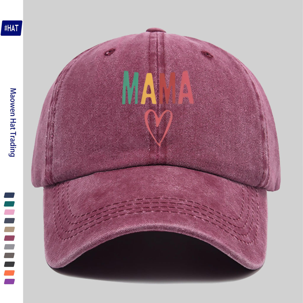 1 Vintage Washed Distressed Baseball Cap, Featuring a Fashionable and Minimalist Aesthetic, Unisex Cap with Multi-color MAMA Heart-shaped Print Design, Adjustable Size, Trendy Street Style, Trucker Dad Hat, Suitable for Outdoor Fishing, Hunting, And