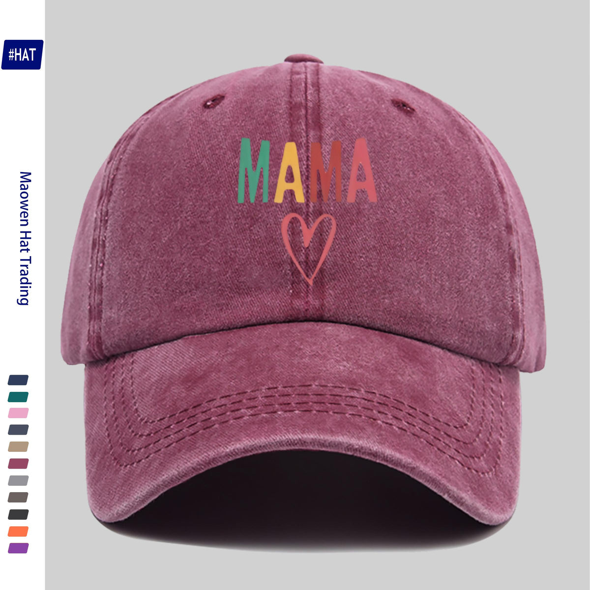 1 Vintage Washed Distressed Baseball Cap, Featuring a Fashionable and Minimalist Aesthetic, Unisex Cap with Multi-color MAMA Heart-shaped Print Design, Adjustable Size, Trendy Street Style, Trucker Dad Hat, Suitable for Outdoor Fishing, Hunting, And