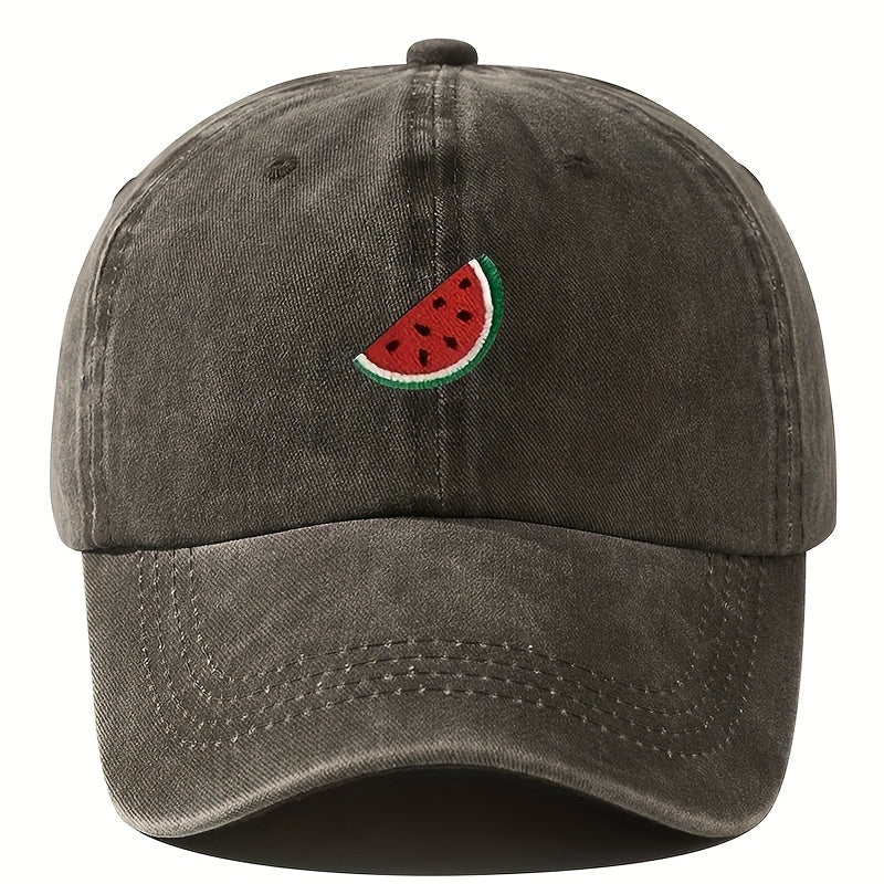 An Embroidered Baseball Cap with Curved Brim, Hip-hop Style, Fruit Embroidery, Vintage Washed, Unisex Outdoor Travel and Hiking Cap, Fishing Hat