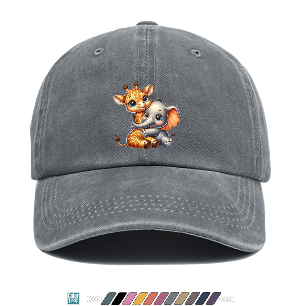 1pc Cartoon Giraffe and Baby Elephant Hugging Print Baseball Cap, Cute Animal Pattern Sun Hat, Stylish Casual Versatile Unisex Adjustable Snapback Cap, Outing Hat, Bestie Shopping Hat, Outdoor Picnic Hat, Amusement Park Hat, Birthday Holiday Gift