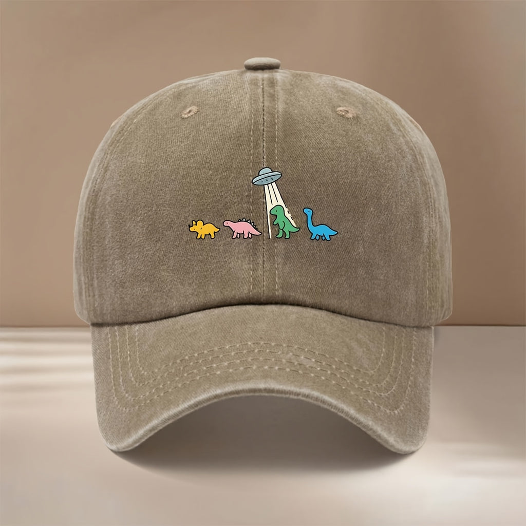 This Is a Baseball Cap with a Dinosaur and UFO Print, Suitable for All Seasons. It Features an Adjustable Size, a Curved Brim, and Is Unisex. The Hat Is Comfortable, Lightweight, and Can Be Worn for Outdoor Sports, Dinners, Camping, or as a  Fashion