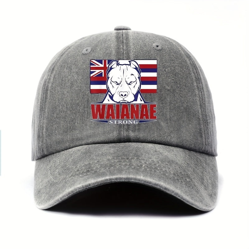 WAIANAE Men'S Hawaiian Flag & Dog Graphic Baseball Cap - Adjustable Lightweight Retro Streetwear Hat for Outdoor Sports, Patriotic Hip Hop Style, Soft Fabric, Thanksgiving/Father'S Day Gift