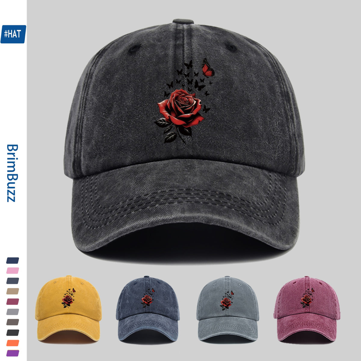 1pc Adjustable Trucker Sun Hat, Unisex, Vintage Washed Baseball Cap with Rose And Butterfly Print, Lightweight Outdoor Hat Suitable for Beach, Travel, Cycling, Party Gifts, Non-Elastic Strap Hat Suitable for Daily Casual Wear (Hand Washable)