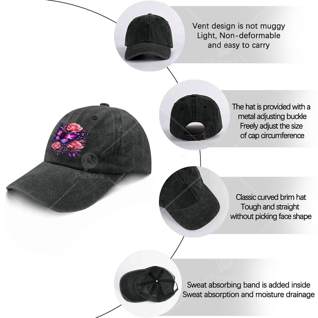 Men' & Women' Classic Baseball Cap with Butterfly & Purple Rose Print - Adjustable Pull-String Closure, Machine Washable Sporty Hat Suitable for Butterfly Enthusiasts, Casual Wear, Outdoor Activities, Gift