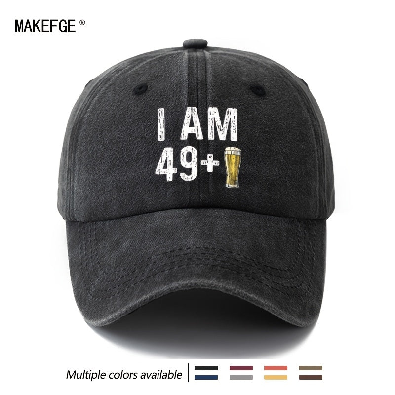 Unisex Fashion Versatile Printed I AM 49+ Beer Baseball Cap, Classic Retro Washed Outdoor Lightweight Curved Cap, Trucker Hat, Suitable for Outdoor Vacation Travel Camping And Other Casual Occasions, Holiday Party Hip-Hop Hat